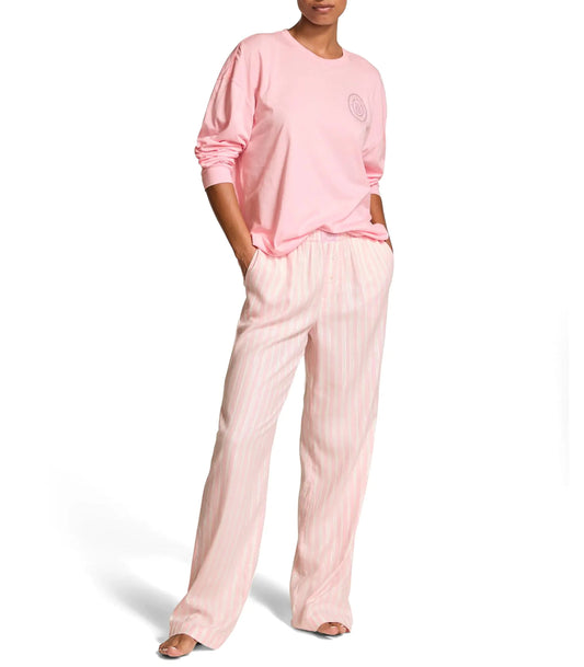 Victorias Secret Cotton Tee Pajama Set Long Sleeve Cotton Shirt and Long Flannel Pajama Pant Set Sleepwear for Women Pretty Blossom Shimmer (L)