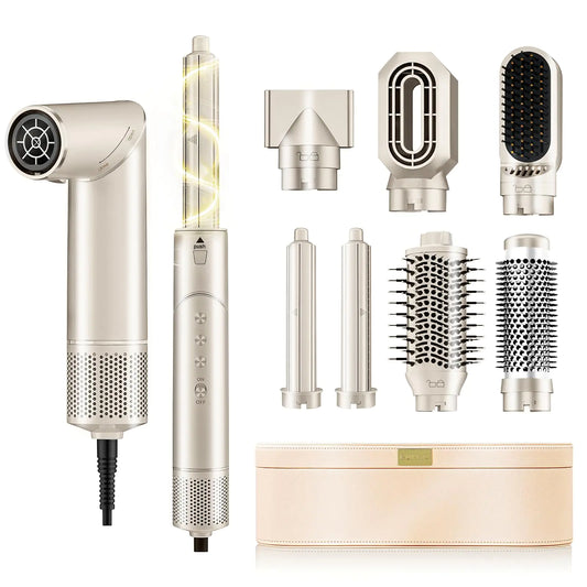 7 in 1 High-Speed Hot Air Styler110000 RPM Rotatable Hair Styler ， Professional Frizz-Free Blow Dryer Brush Fast Drying No Heat Damage - Curl Volumize Straightening Styling (Champagne)