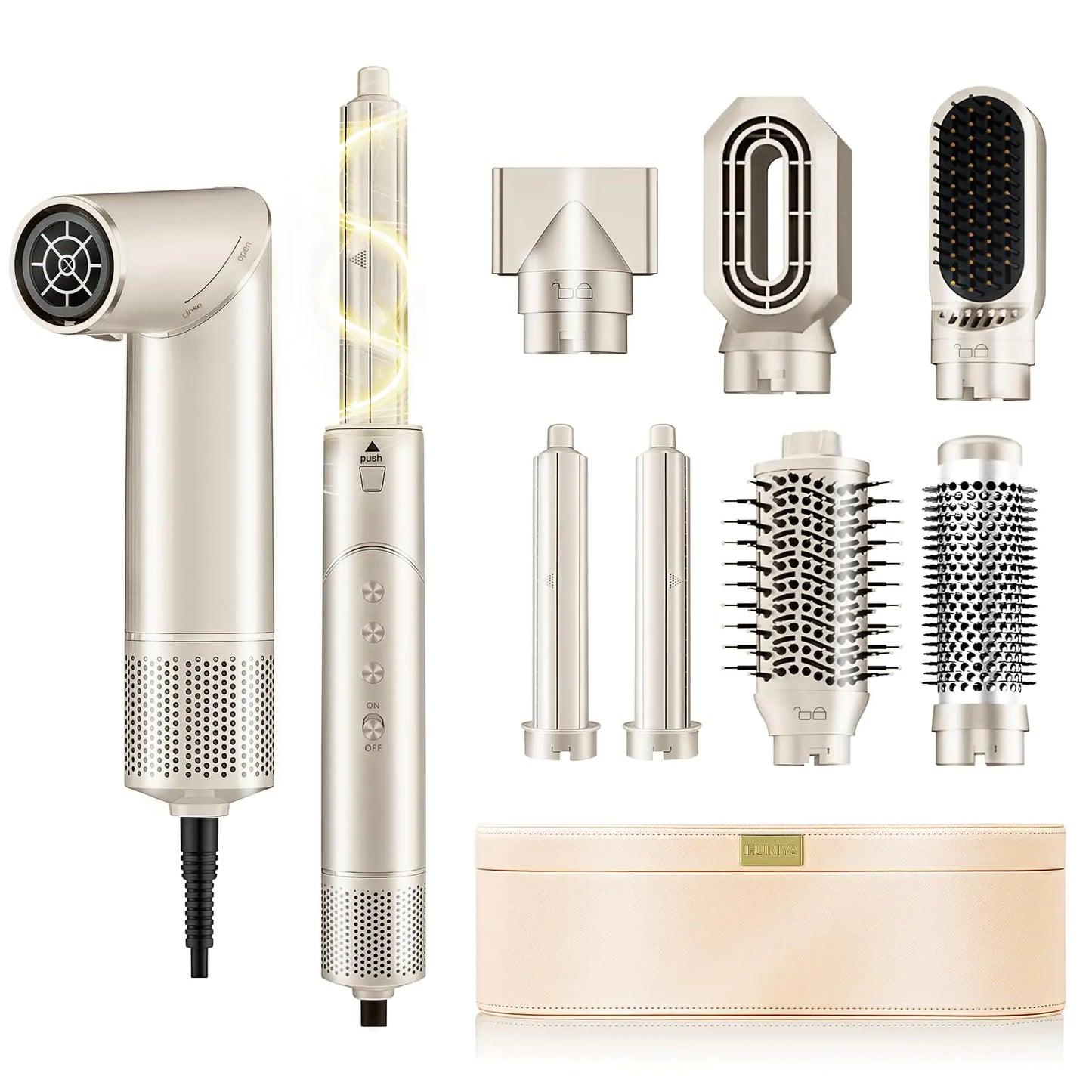 7 in 1 High-Speed Hot Air Styler110000 RPM Rotatable Hair Styler ， Professional Frizz-Free Blow Dryer Brush Fast Drying No Heat Damage - Curl Volumize Straightening Styling (Champagne)